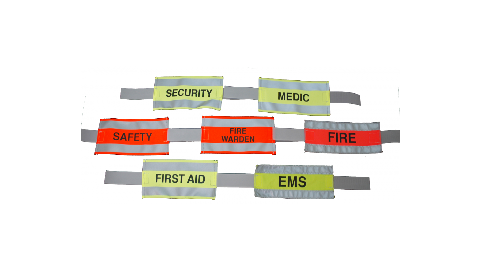 security, medic, safety, fire warden, fire, first aid, ems arm bands in yellow and orange